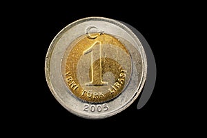 Turkish One Lira bimetallic Coin Isolated On Black