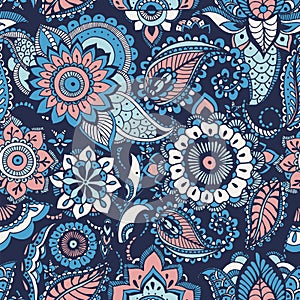 Turkish paisley seamless pattern with buta motifs and Arabic floral mehndi elements on blue background. Colorful