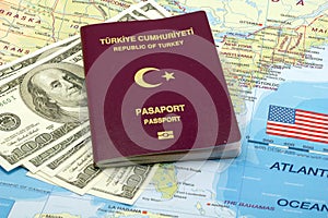 Turkish Passport and Dollars on US Map