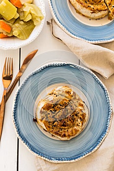 Turkish pastry borek in blue ceramic plates