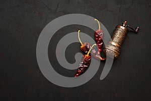 Turkish pepper mill or grinder with peppercorns of red hot chilli peppers on dark wooden background. Top view. Copy space.