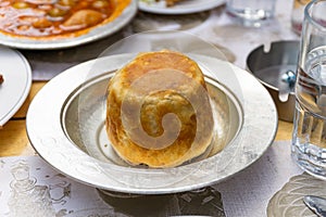 Turkish Perde Pilavi / Drape pilaf with chicken, almond and raisin / Pilav