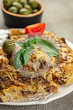 turkish pie with meat. burek pie. Food recipe background. Close up