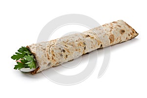 Turkish pizza, lahmacun, on white background