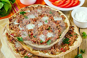 Turkish pizza Lahmajoun Lahmacun with ground beef