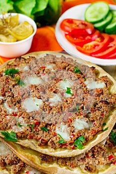 Turkish pizza Lahmajoun Lahmacun with ground beef