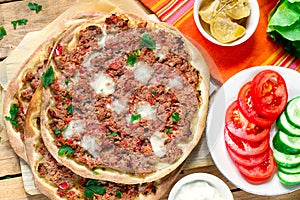 Turkish pizza Lahmajoun Lahmacun with ground beef