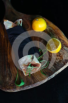 Turkish pizza wrapper of flatbread, lahmacun with mincedmeat photo