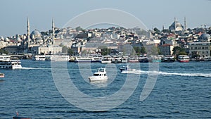 Turkish Police Boat is Going Fast at The Golden Horn and Eminonu Istanbul View