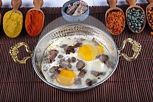 Turkish roasted meat  kavurma . Turkish scrambled eggs with Kavurma. Scorched egg, turkish breakfast