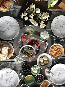 The Turkish rural breakfast on the wooden table.