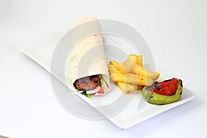 Turkish Shawarma durum Traditional sish kebab wrap and kofte meatball