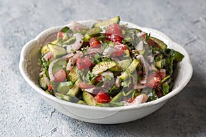 Turkish Shepards Salad with cucumber, tomato, red onion, pepper, parsley Turkish name; kasik salata