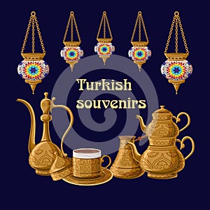 Turkish souvenirs greeeting card template with lanterns and brass utensils pitcher, double kettle, cezve amd coffe cup.