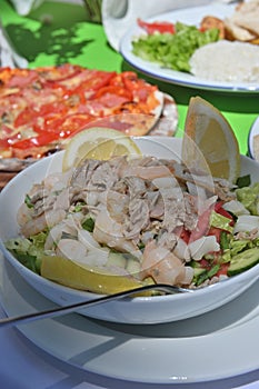 Turkish starter shrimp tuna lemon fruit salad