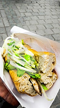 Turkish street food fish bread with onions and greens / Balik Ekmek