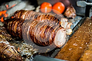 Turkish Street Food Kokorec made with sheep bowel cooked in wood fired oven