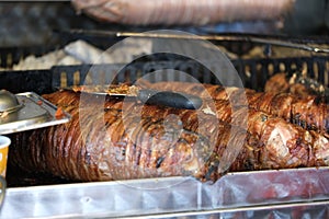 Turkish Street Food Kokorec made with sheep bowel. Roasting, istanbul