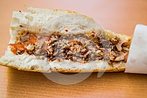 Turkish Street Food Kokorec Sandwich made with sheep bowel.