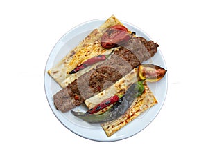 Turkish style Adana Kebab. Traditional Turkish Food Adana Kebab on Wooden Table