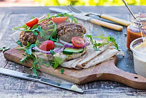 Turkish style lamb kofta on pitta bread