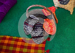 Turkish style traditional hand knitten socks on display