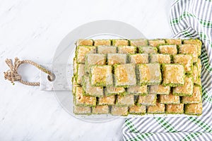 Turkish sweet Dry Baklava on a marble background. Turkish pastry dessert baklava. Ramadan or holiday desserts concept. Antep