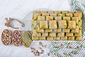 Turkish sweet Dry Baklava on a marble background. Turkish pastry dessert baklava. Ramadan or holiday desserts concept. Antep