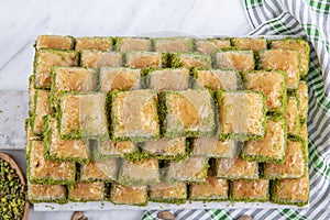 Turkish sweet Dry Baklava on a marble background. Turkish pastry dessert baklava. Ramadan or holiday desserts concept. Antep