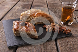 Turkish sweets baklava with tea nuts and cinnamon