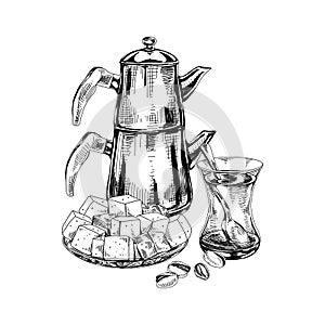 Turkish tea and oriental sweets, retro hand drawn vector illustration.