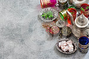 Turkish tea table with delights. Oriental hospitality photo