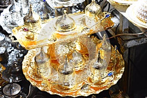 Turkish teapots set for sale in market photo