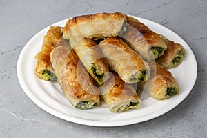 Turkish Tepsi Boregi, Round Borek, Tray pastry (Turkish name rulo borek - sigara boregi). Spinach Pie