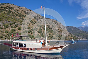 Turkish touristic boats over calm sea in Oludeniz, Turkey