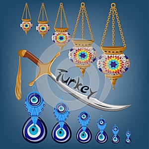 Turkish touristic card with ceramic lamps, sword, amulet boncuck evil eye and word Turkey.