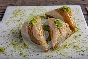 Turkish traditional Baklava dessert and tea concept. Food pastry background photo
