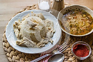Turkish traditional chicken on a rise (tavuklu pilav) and chicken broth soup photo