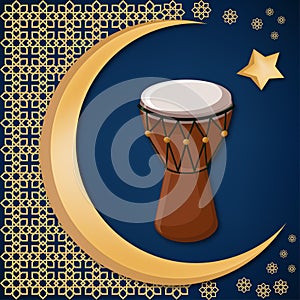 Turkish traditional drum on decorated background with golden moon, star and oriental ornament.