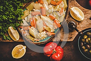 Turkish traditional leek, rice and carrot meze dish with lemon