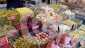 Turkish traditional pickles on the Egyptian Bazaar in Istanbul, Turkey.