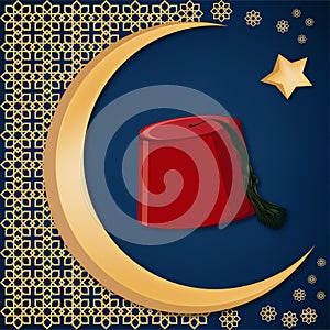Turkish traditional red hat fez or tarboosh with arabic style ornament and moon and star background.