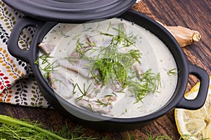 Turkish traditional tripe soup; iskembe corbasi and offal soup