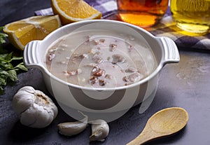 Turkish traditional tripe soup iskembe corbasi and offal soup, Turkish Meat Soup Kelle Paca (