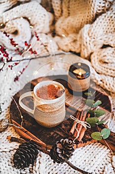 Turkish traditional wintertime hot drink Salep over knitted blanket