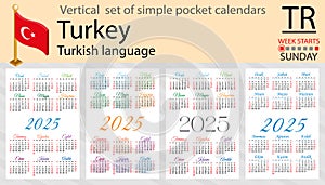 Turkish vertical set of pocket calendar for 2025. Week starts Sunday