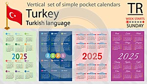 Turkish vertical set of pocket calendar for 2025. Week starts Sunday