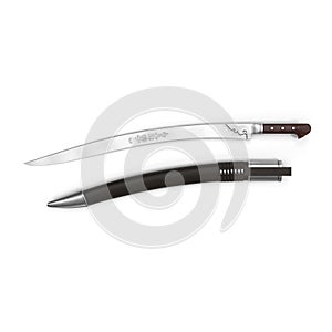 Turkish Yatagan Sword with Sheath on white. Top view. 3D illustration