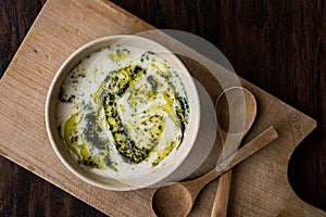 Turkish Yayla or Yogurt Soup with mint sauce Tzatziki