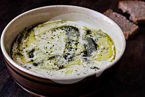 Turkish Yayla or Yogurt Soup with mint sauce Tzatziki